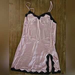 Victoria's Secret Pink Satin Chemise with Black Lace Satiny Pajamas Lingerie XS